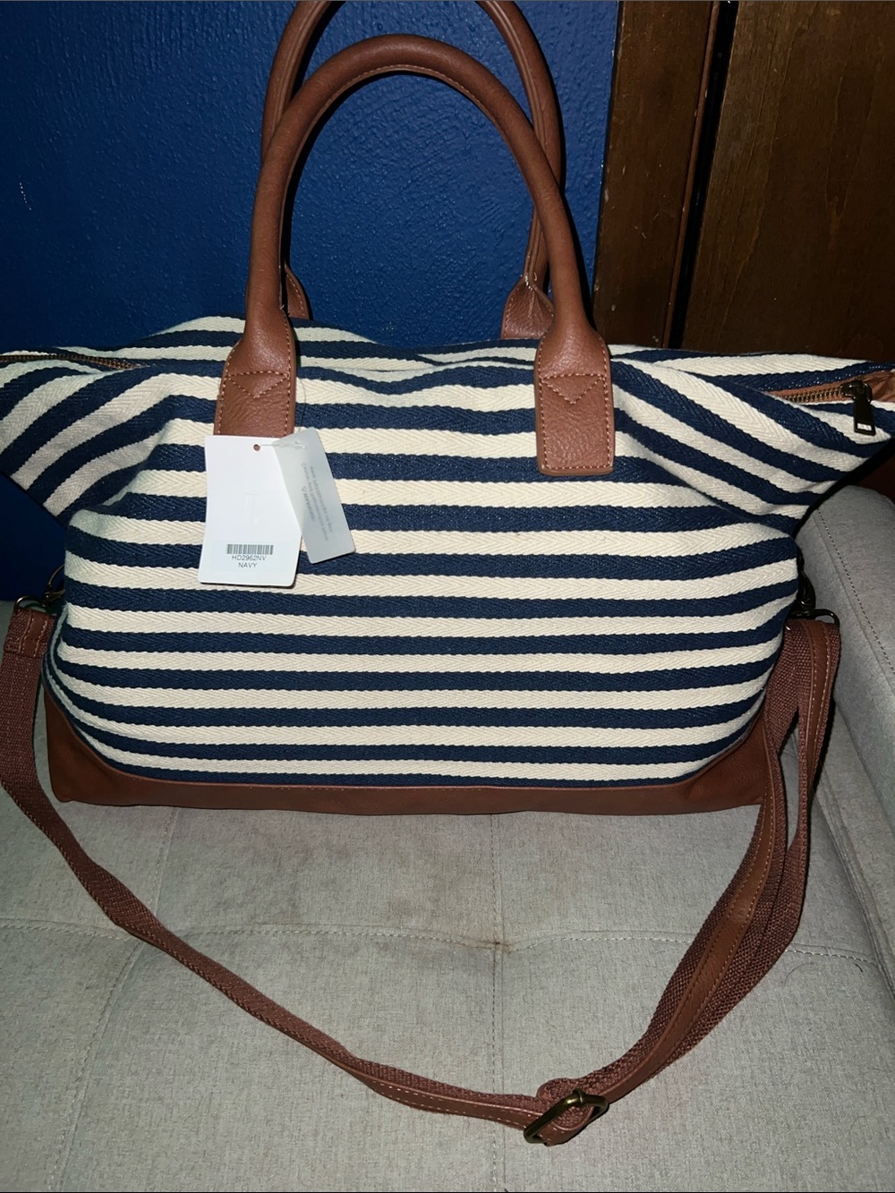 Striped Navy & White Canvas Tote with Brown Trim